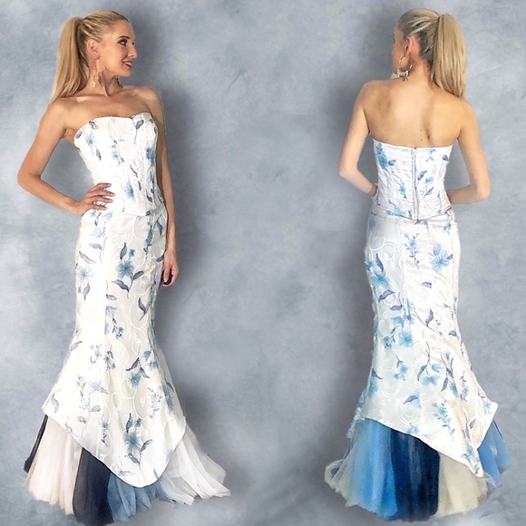 Night Moves Dresses & Skirts - White + Blue Floral Strapless Mermaid Evening Gown
